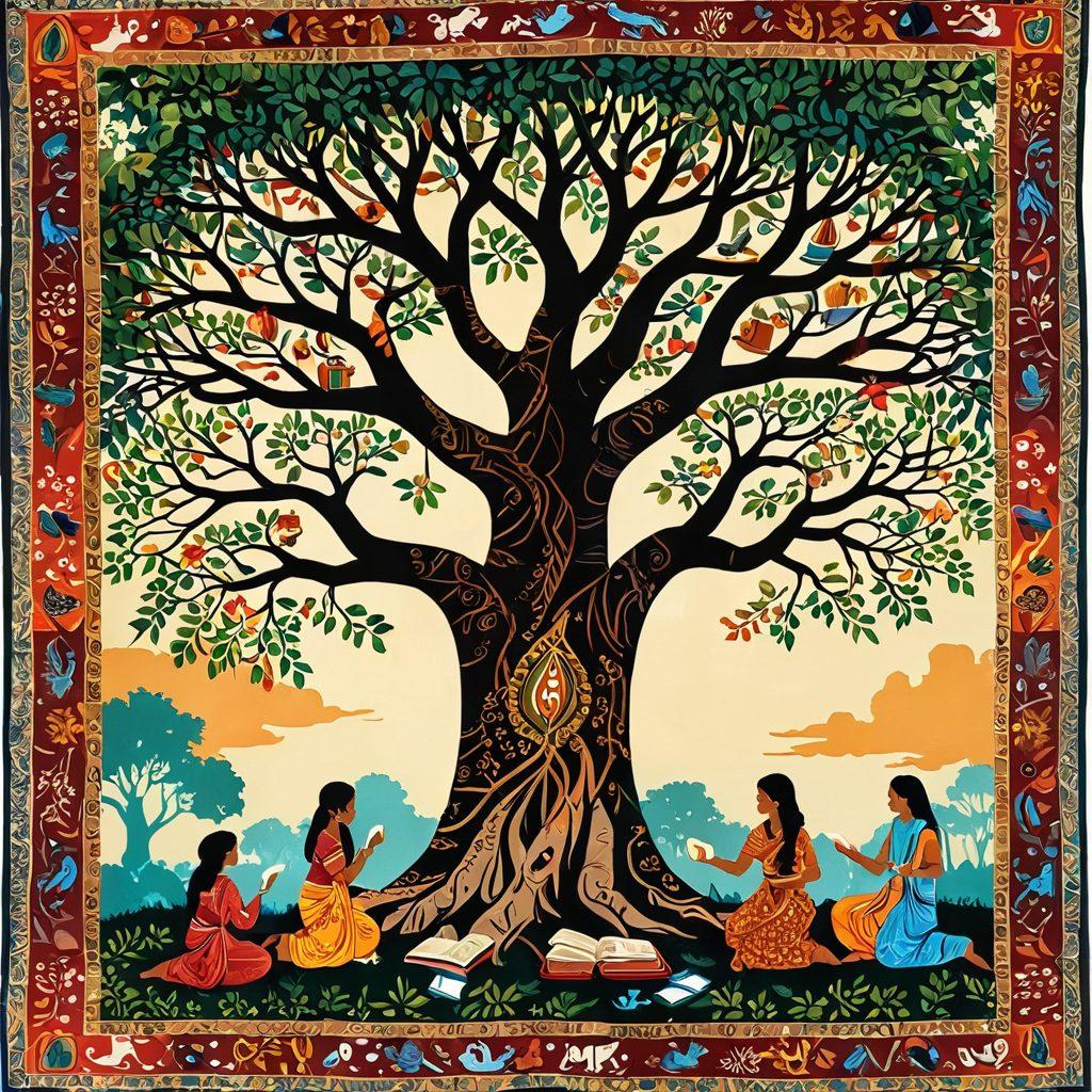 A colorful tapestry woven with traditional Indian motifs and inscriptions, depicting various characters sharing vibrant stories under a banyan tree. Surround this with books and cultural artifacts that represent different regions of India, symbolizing diverse narratives that connect the community. Include soft, warm lighting to evoke a sense of nostalgia and curiosity. vibrant colors. painting.