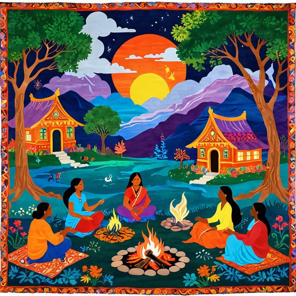 A vibrant tapestry depicting a storyteller seated beside a glowing campfire, weaving tales from South Asian folklore. Surrounding characters, such as mythical creatures and historical figures, emerge from colorful, swirling smoke. The backdrop features lush landscapes, traditional homes and intricate patterns symbolizing different South Asian cultures. Brightly colored textiles float through the air, adding a sense of movement. whimsical, vibrant colors, detailed illustration.