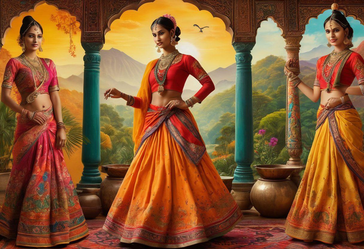 A vibrant collage depicting the richness of South Asian culture, inclusive of traditional dancers in colorful attire, intricate folk art patterns, and lush landscapes of the region. Include elements like ornate textiles, musical instruments, and symbols of festivals in a harmonious layout. Soft, warm lighting to give an inviting feel. super-realistic. vibrant colors. detailed background.